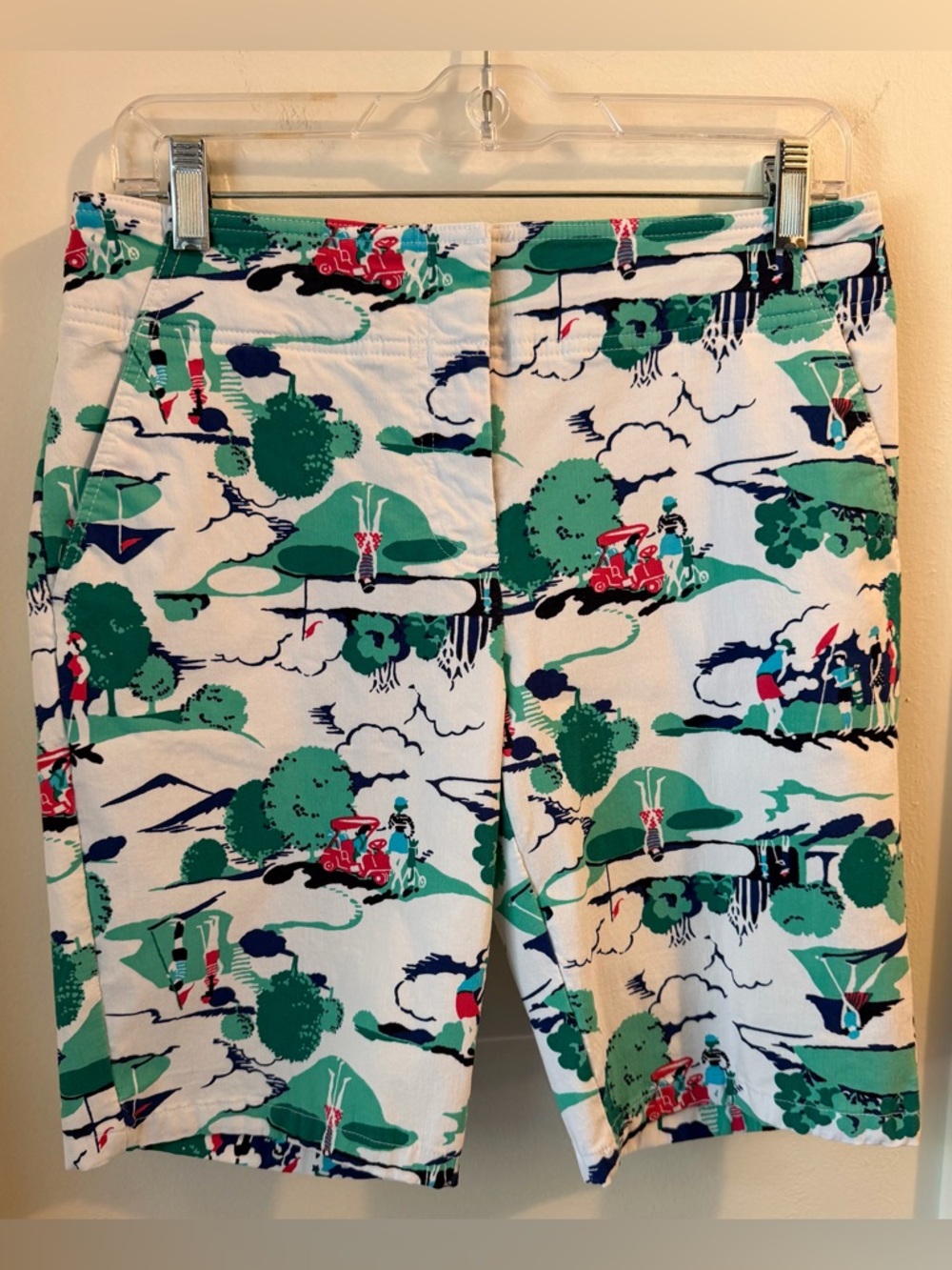 Izod White Scenic Print Bermuda Shorts with Green & Red Accents
